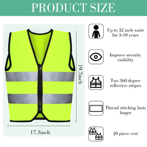 Product size chart for Kids Reflective Safety Vest 20 Pack High Visibility Neon Vests With Zipper For Ages 3 To 10