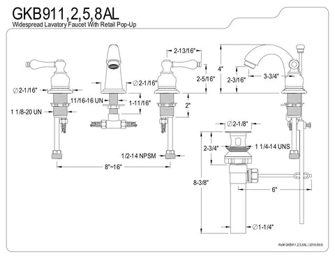 Technical diagram of English Country Mini Widespread Lavatory Faucet With Pop Up Drain, Polished Brass, 8 To 16 Inch Spread, 3 Hole Deck Mount