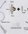 Heavy Duty Stainless Steel Hanging Wire Kit with hooks, cable, and hardware for wall or ceiling, 20 inch length, 2 pcs