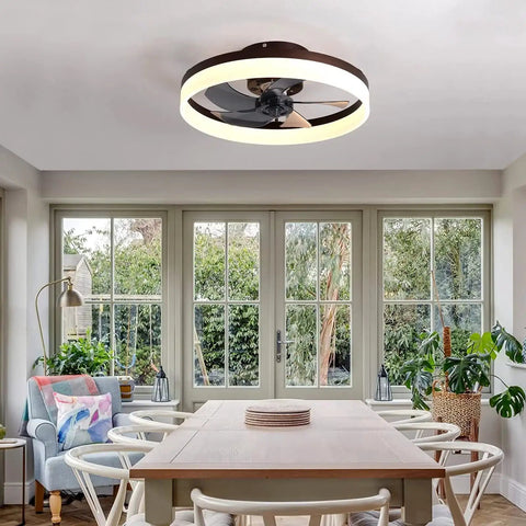 20 Inch Flush Mount Ceiling Fan With Remote And App Control Black Slick Low Profile Modern Ceiling Fan with LED lights in dining room