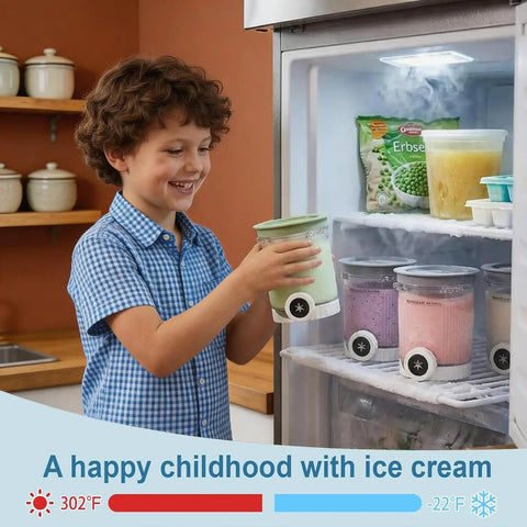Child holding 4 Pack Creami Swirl Pints With Lids For Ninja NC700 NC701 NC701C Series Creami Containers in freezer