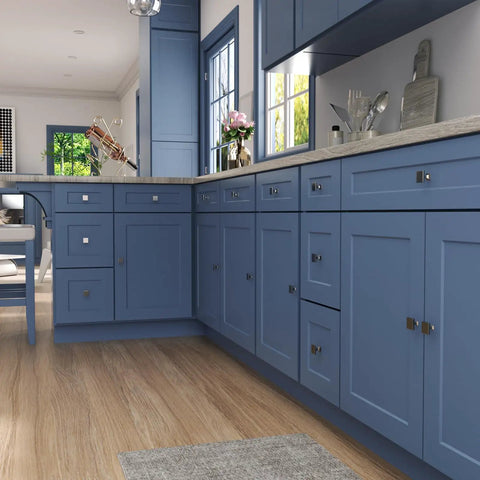 Ten Pack Brushed Nickel Square Cabinet Knobs on blue kitchen cabinets featuring zinc alloy construction and modern style.