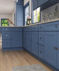 Top Shelf Rock Solid Brushed Nickel Cabinet Knobs With Smooth Satin Finish Square Zinc Alloy Handles 5 Pack on blue kitchen cabinets.