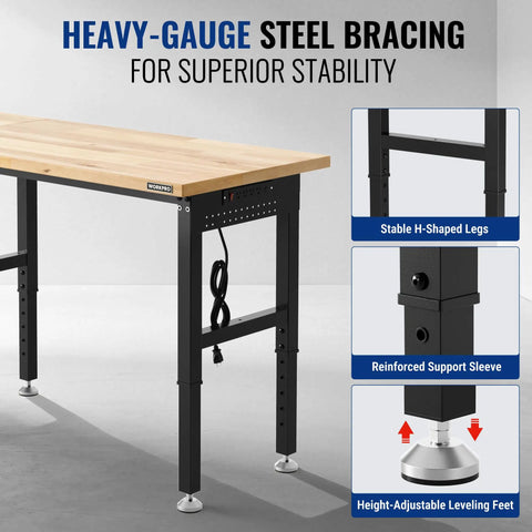 Beefy 4000 Lb Capacity Adjustable Workbench With Power Outlet And Pegboard, heavy duty steel frame with rubber wood top