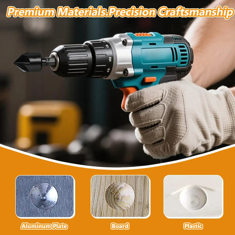 Five Flute Countersink Drill Bit Set For Wood And Plastic attached to a power drill, highlighting chamfering on plastic and wood.