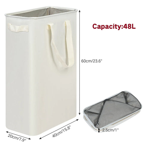 Space Saving Skinny Laundry Basket For Narrow Spaces With Durable Handles Collapsible Dirty Clothes Hamper Tall Laundry Bin Beige