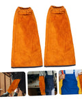 Heavy Duty Cowhide Welding Arm Sleeves Heat Resistant Flame Retardant Full Coverage Arm Protectors With Snug Elastic Grip view from front showing orange color and elastic cuffs.