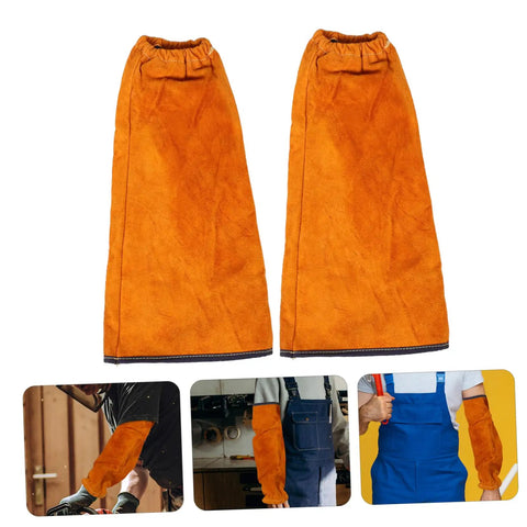 Heavy Duty Cowhide Welding Arm Sleeves Heat Resistant Flame Retardant Full Coverage Arm Protectors With Snug Elastic Grip view from front showing orange color and elastic cuffs.