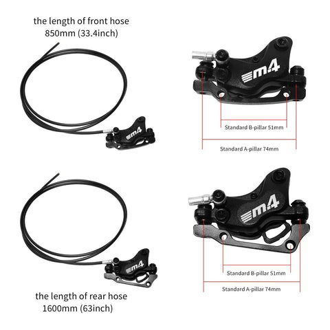 M4 4-piston hydraulic disc brake set with 850mm front and 1600mm rear hoses for e-bike MTB; pre-bled with mounting adapters