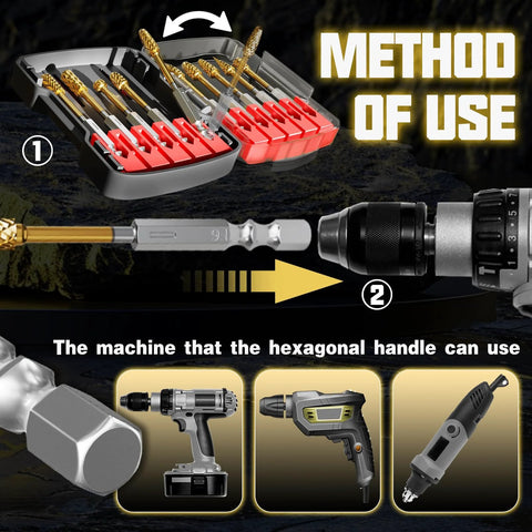Ten-piece METOTY titanium-gold carbide burr set in a red storage case for die grinder, with 1/4-inch quick-change shanks.