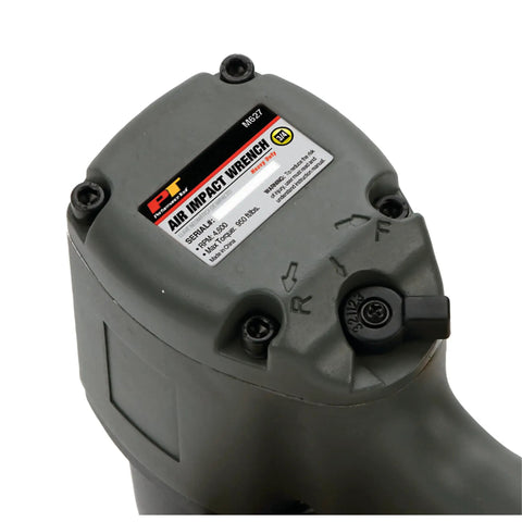 Close-up of M627 3 Quarter Inch Drive Heavy Duty Impact Wrench With Aluminum Housing label and directional controls.