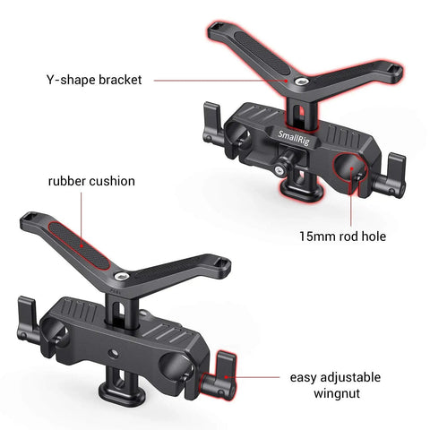 15mm Long Lens Support Bracket Height Adjustable For DSLR Shoulder Rig with Y-shaped mount and rubber cushion details