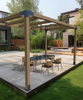 Installed pergola with Heavy Duty Carbon Steel Pergola Brackets Pack Of 4 4x4 Post Connectors in a backyard setting.