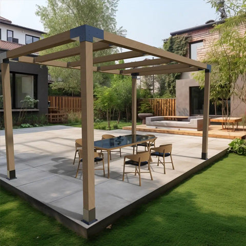 Installed pergola with Heavy Duty Carbon Steel Pergola Brackets Pack Of 4 4x4 Post Connectors in a backyard setting.