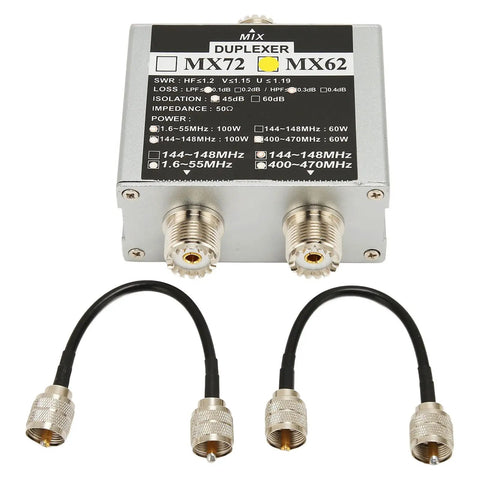3 Band VHF UHF HF Antenna Combiner With Power Split for DIY Install, two transceivers connectors, metal alloy housing, cables