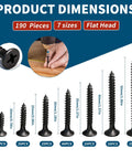 Wood Screws Assortment Kit with 190 High Hardness Pro Grade Drywall Screws in 7 Sizes, Black Coated, Flat Head, Phillips Drive