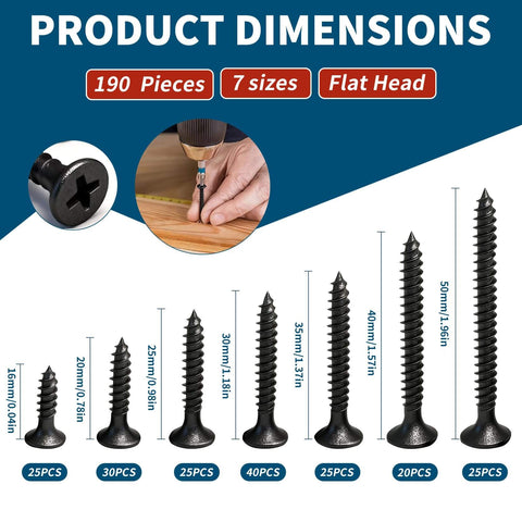 Wood Screws Assortment Kit with 190 High Hardness Pro Grade Drywall Screws in 7 Sizes, Black Coated, Flat Head, Phillips Drive