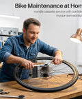 Man using Heavy Duty Chain Whip Bike Tool For Easy Cassette Removal With Non Slip Rubber Grip Handle Fits 8 9 10 Speed Cassettes