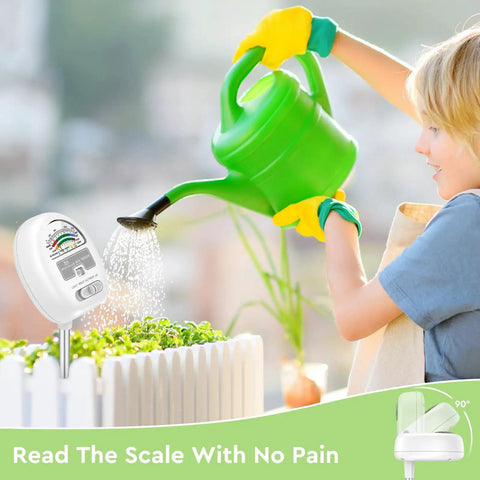 Child watering plants with 4 In 1 Soil Tester Meter For Gardening And Lawn Care visible, checks moisture, light, nutrients, pH, no batteries required.