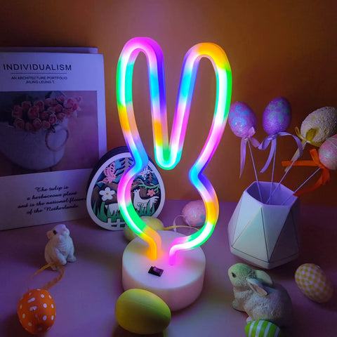 Bunny Shape LED Neon Sign Totally Lit For Easter Rooms Colorful Rabbit Neon Lights USB Or Battery Powered Night Light With Base