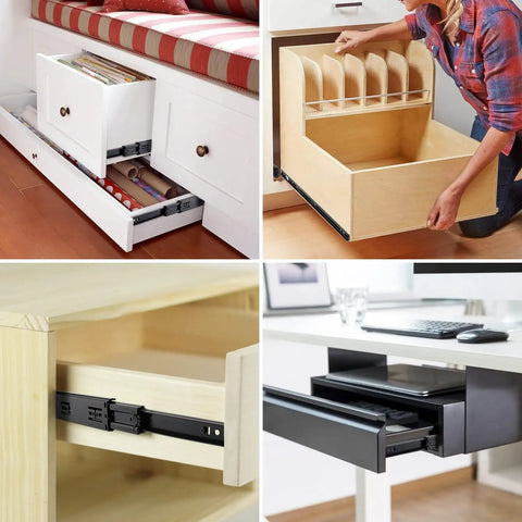 10 Pair Heavy Duty 22 Inch Soft Close Drawer Slides Rock Solid Side Mount Cabinet Rails in various cabinet setups.