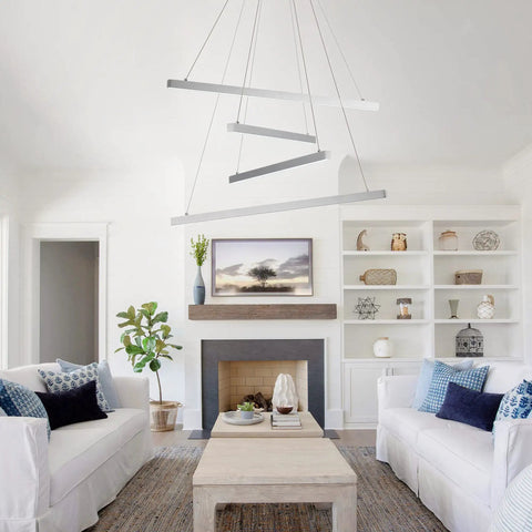 Modern LED Linear Pendant Chandelier with dimmable four lights and adjustable wire design for a DIY custom look, hanging in living room