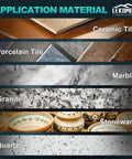 LEKOMESH tile hole saw kit packaging featuring a collage of ceramic, porcelain, marble, granite, stoneware and quartz tiles