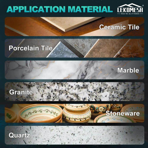 LEKOMESH tile hole saw kit packaging featuring a collage of ceramic, porcelain, marble, granite, stoneware and quartz tiles