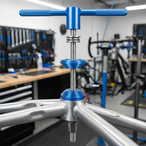 Pro Grade Bicycle Bottom Bracket Installation Tool Set in use on bike frame, made of durable aluminum alloy with precise threads
