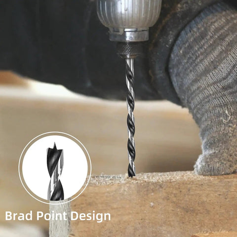 Pro Grade Extra Long 12 Inch Brad Point Drill Bit Set 12 Pack in use drilling wood with focus on brad point design