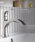 Karis Chrome One Handle Bathroom Sink Faucet With Single Hole Mount And Optional Deck Plate on white countertop, side view
