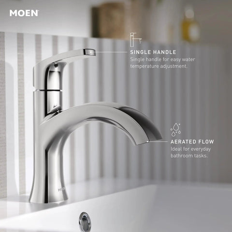 Karis Chrome One Handle Bathroom Sink Faucet With Single Hole Mount And Optional Deck Plate on white countertop, side view