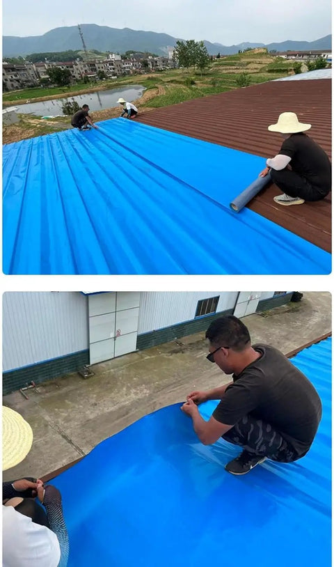 Two workers applying Heavy Duty Self Adhesive Asphalt Roofing Tape With Thick Aluminum Foil on a blue flat roof.