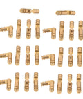 Set of hidden brass barrel hinges for jewelry boxes and cabinets, displayed in rows on white background, showcasing design and material detail.