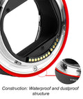 Close-up of a Built Tough Metal Lens Adapter EF to EOS R Mount showing waterproof and dustproof construction details.