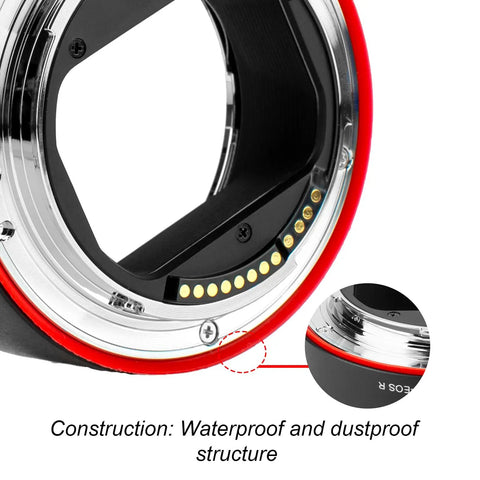 Close-up of a Built Tough Metal Lens Adapter EF to EOS R Mount showing waterproof and dustproof construction details.
