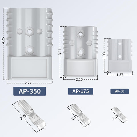 Beefed-Up Battery Quick Connect Disconnect Kit 175 Amp 600V 1/0 AWG size comparison with plug housings and terminals.