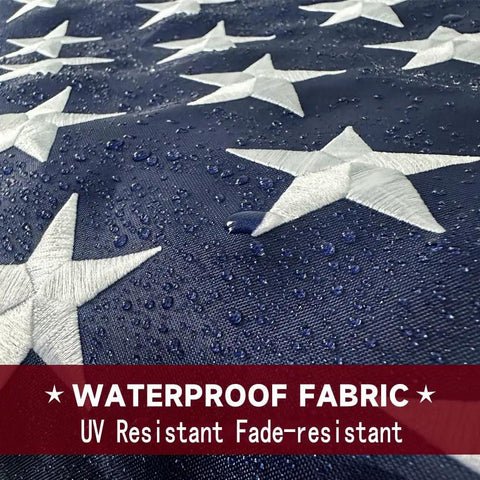Heavy Duty Outdoor US Flag 2.5x4 Ft With Embroidered Stars And Sewn Stripes, Waterproof And UV Resistant, close-up of wet embroidered stars