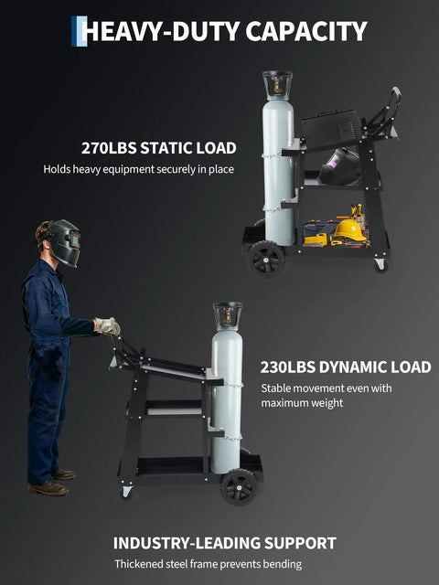 Beefy 3 Tier Welding Cart With 360 Degree Swivel Wheels, Tank Storage And Safety Chains - Heavy Duty MIG TIG ARC MMA Plasma Cutter Cart