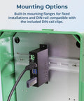 Heavy Duty Four Port USB 3.0 Hub Drives Serious 5Gbps Speeds, mounted on DIN rail inside green enclosure.