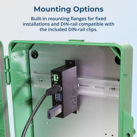 Heavy Duty Four Port USB 3.0 Hub Drives Serious 5Gbps Speeds, mounted on DIN rail inside green enclosure.