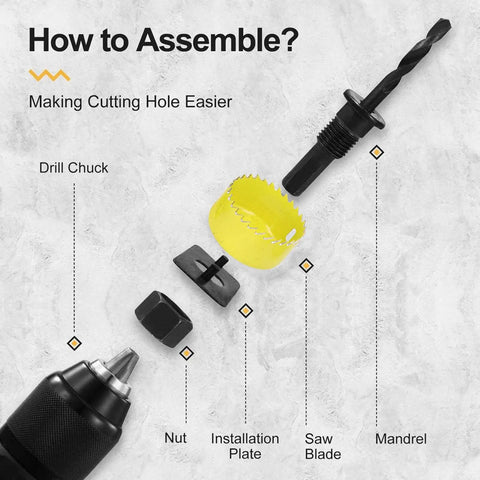 16 Piece Hole Saw Kit With High Speed Steel Cutting Tools Made For Electricians And Workshop Pros Who Wanna Cut Cleanly Through Wood And Metal Without Breaking A Sweat Or Spending All Day On The Job, assembled parts