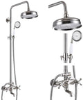 8 Inch Round Rain Shower Head Kit With Double Cross Handle Diverter Tub Spout Wall Mount Shower Fixtures 3 Function Metal Handheld Sprayer In Brushed Nickel Finish For Modern Baths showing full setup on wall