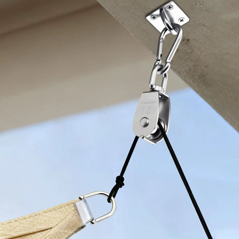 Heavy Duty Cable Pulley System For Lifting With 66 Foot Nylon Rope, 360 Degree Swivel Stainless Steel Blocks, Pro Grade And Maintenance Free, Corrosion Resistant, Ideal For Towing, Suspension, And Rigging Tasks, stainless pulley on rope