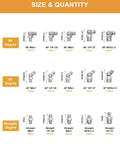 Image showing size and quantity of 280-piece SAE and metric grease fittings with 90, 45, and straight angles for automotive use.