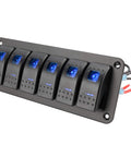 12-24V Illuminated 6 Gang Aluminum Rocker Switch Panel Pre-Wired Dash Kit With 5 Pin On Off Switches IP65 Blue Backlit LED