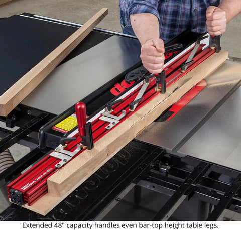 Heavy Hitting 48 Inch Precision Taper Jig For Table Saw With Dead On Accurate Angle Adjustment And Slick Extendable Support For Flawless Woodworking Cuts Made In Usa with wooden board clamped.