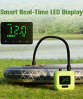 Electric SUP Pump With Battery For Paddle Boards, Dual Stage Inflation, Auto Shut Off, 20 PSI High Pressure displayed beside a lake