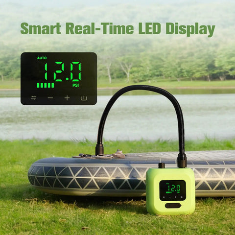 Electric SUP Pump With Battery For Paddle Boards, Dual Stage Inflation, Auto Shut Off, 20 PSI High Pressure displayed beside a lake