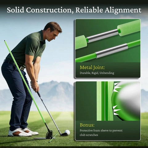 Man using Golf Alignment Sticks Holder With Angle Adjustment And Detachable Rods Heavy Duty Metal Base for full swing correction